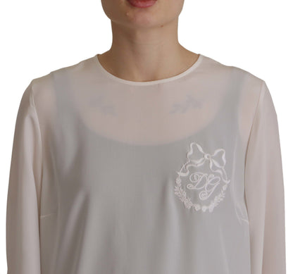 Chemisier Dolce & Gabbana en soie blanche à manches longues brodé logo DG