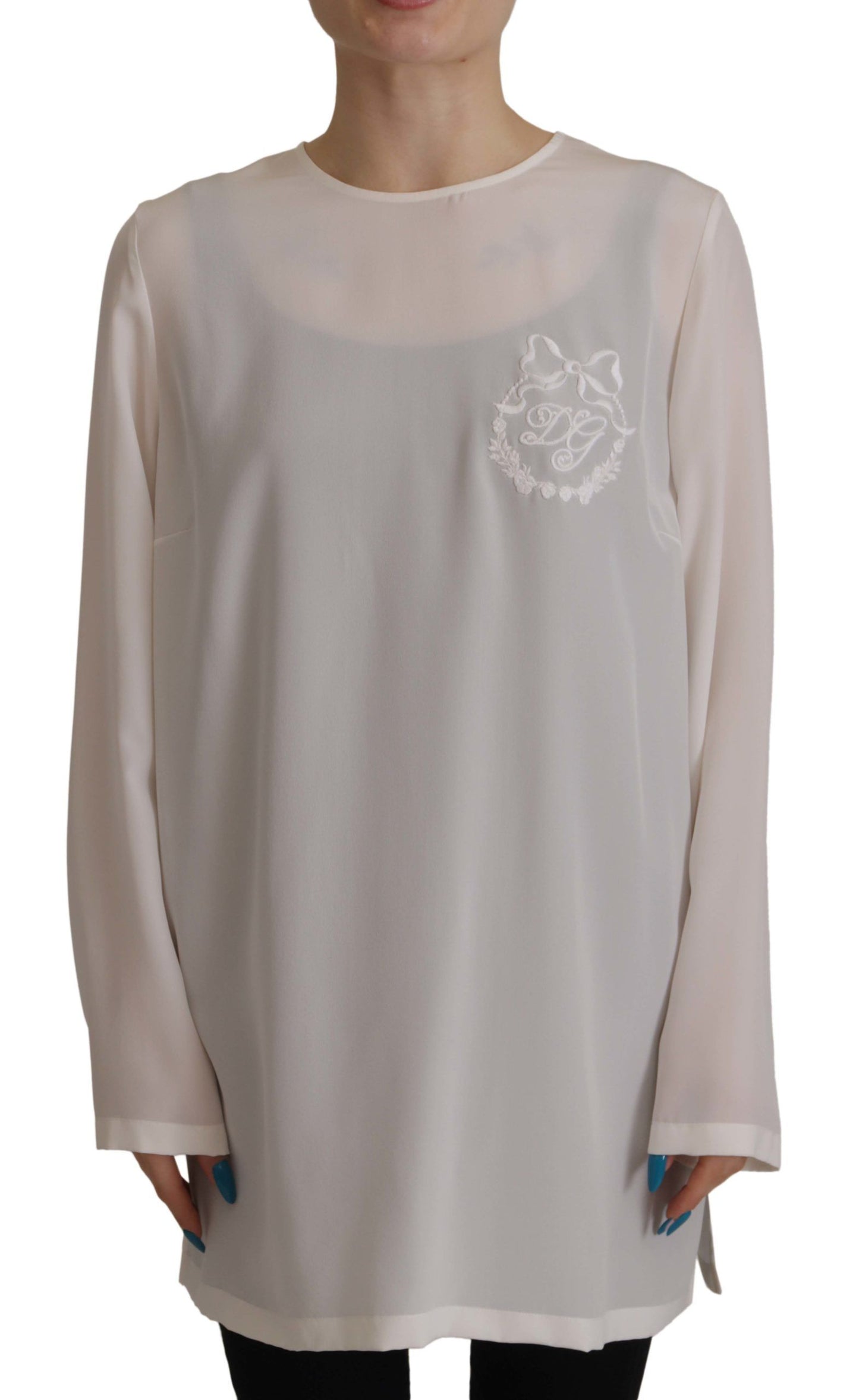 Chemisier Dolce & Gabbana en soie blanche à manches longues brodé logo DG