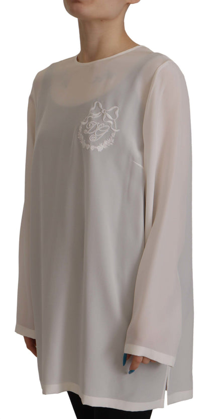 Chemisier Dolce & Gabbana en soie blanche à manches longues brodé logo DG