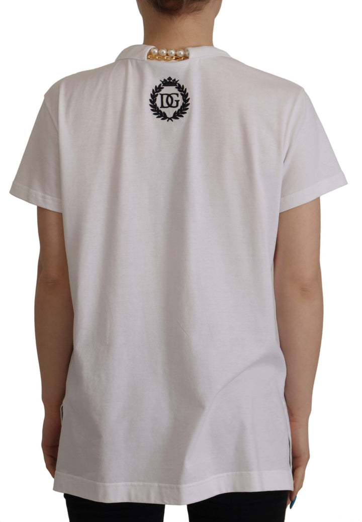 Top con camiseta con cuello adornado con collar blanco Dolce & Gabbana