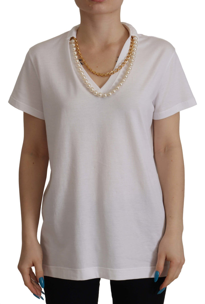Top con camiseta con cuello adornado con collar blanco Dolce & Gabbana