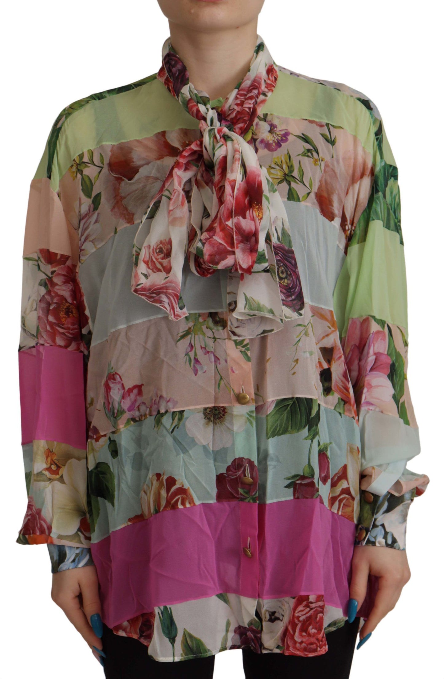 Chemisier Dolce & Gabbana multicolore à col lavallière, motif floral et patchwork