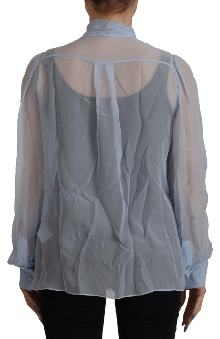Top de manga larga de seda azul claro con cuello ascot de Dolce & Gabbana