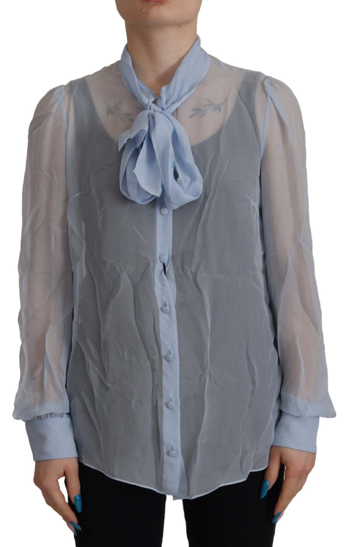 Top de manga larga de seda azul claro con cuello ascot de Dolce & Gabbana
