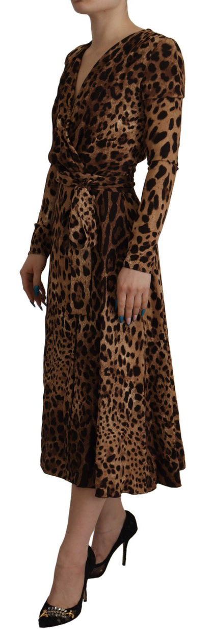 Robe longue portefeuille évasée Dolce & Gabbana en viscose léopard marron
