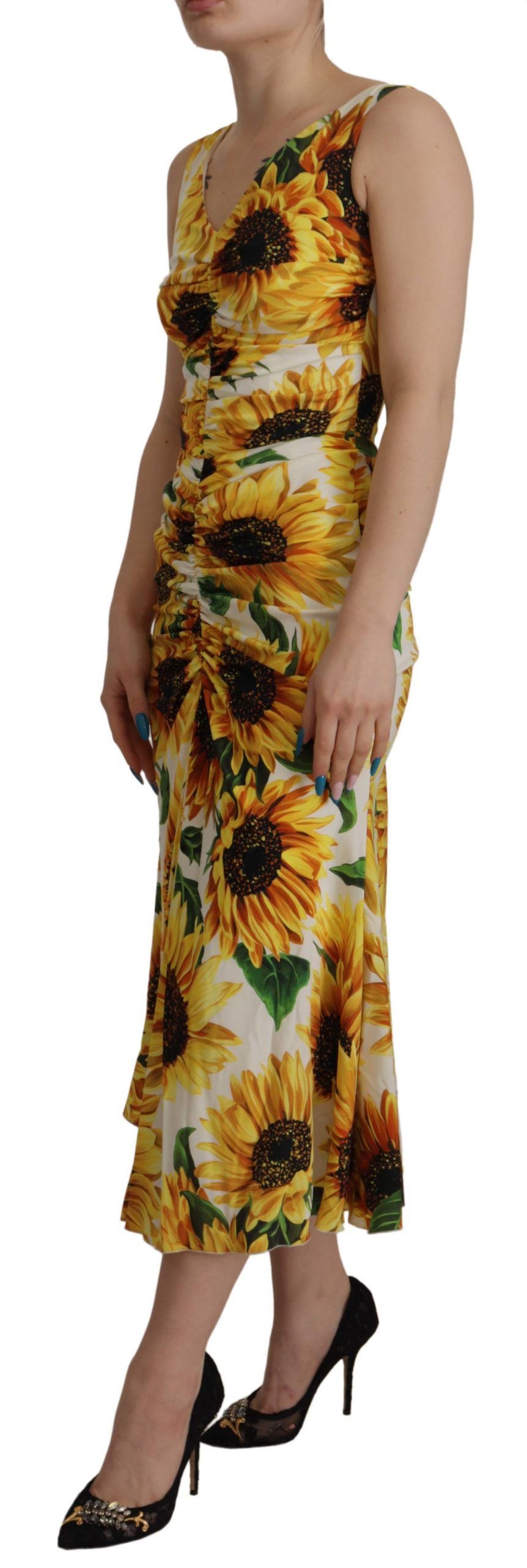 Dolce & Gabbana Fourreau midi en soie imprimé tournesols blancs