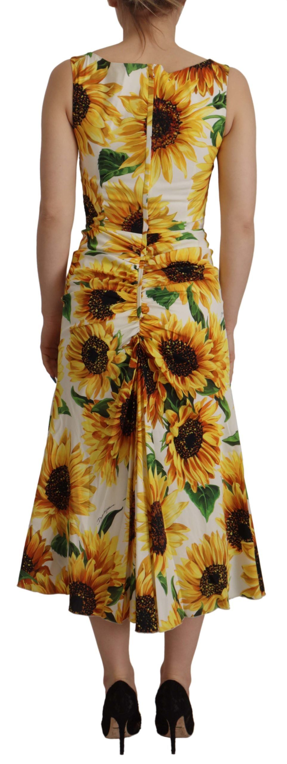 Dolce & Gabbana Fourreau midi en soie imprimé tournesols blancs