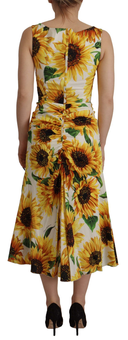 Dolce & Gabbana Fourreau midi en soie imprimé tournesols blancs