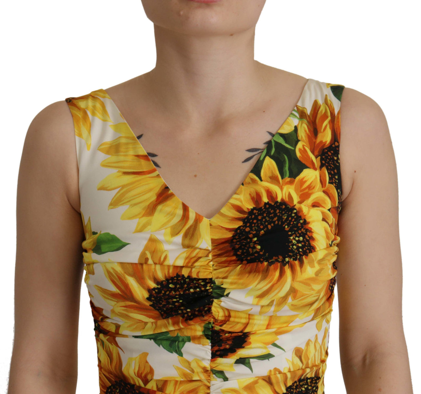 Dolce & Gabbana Fourreau midi en soie imprimé tournesols blancs