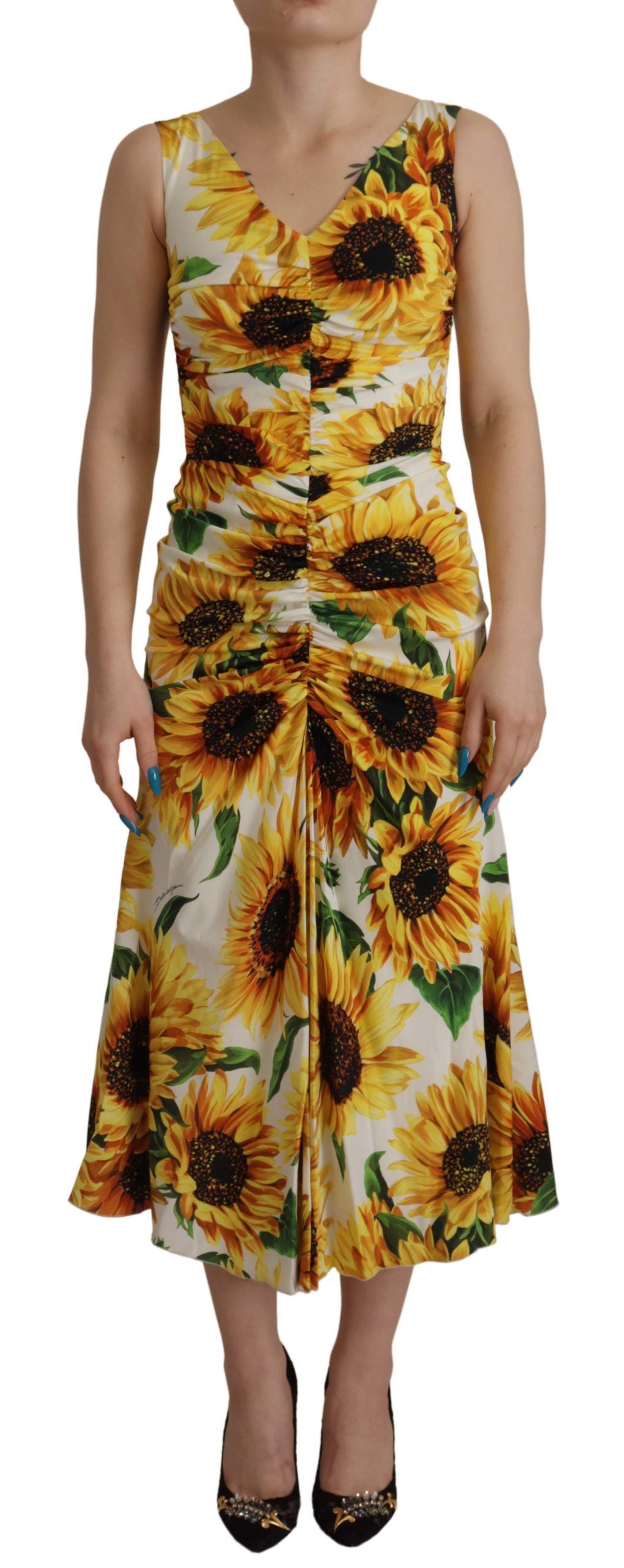 Dolce & Gabbana Fourreau midi en soie imprimé tournesols blancs