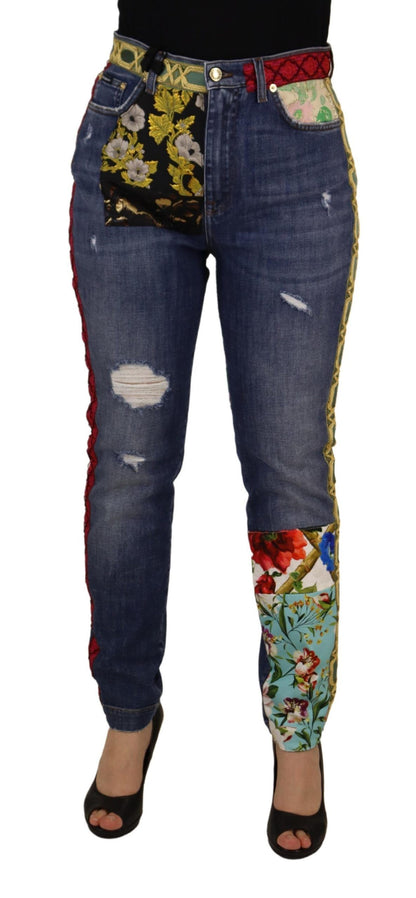 Jean en denim taille haute Dolce & Gabbana motif patchwork bleu