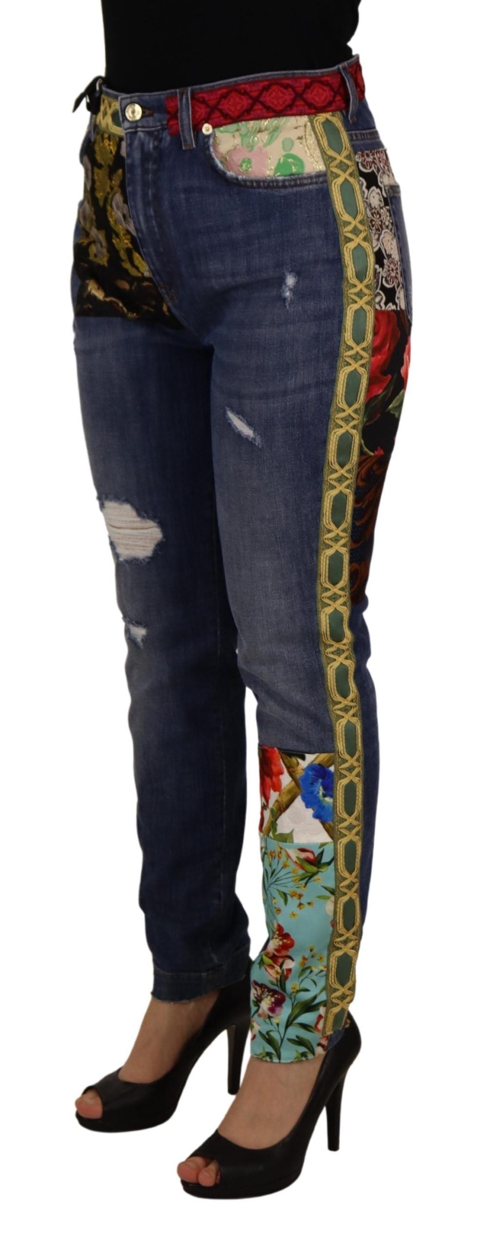 Jean en denim taille haute Dolce & Gabbana motif patchwork bleu