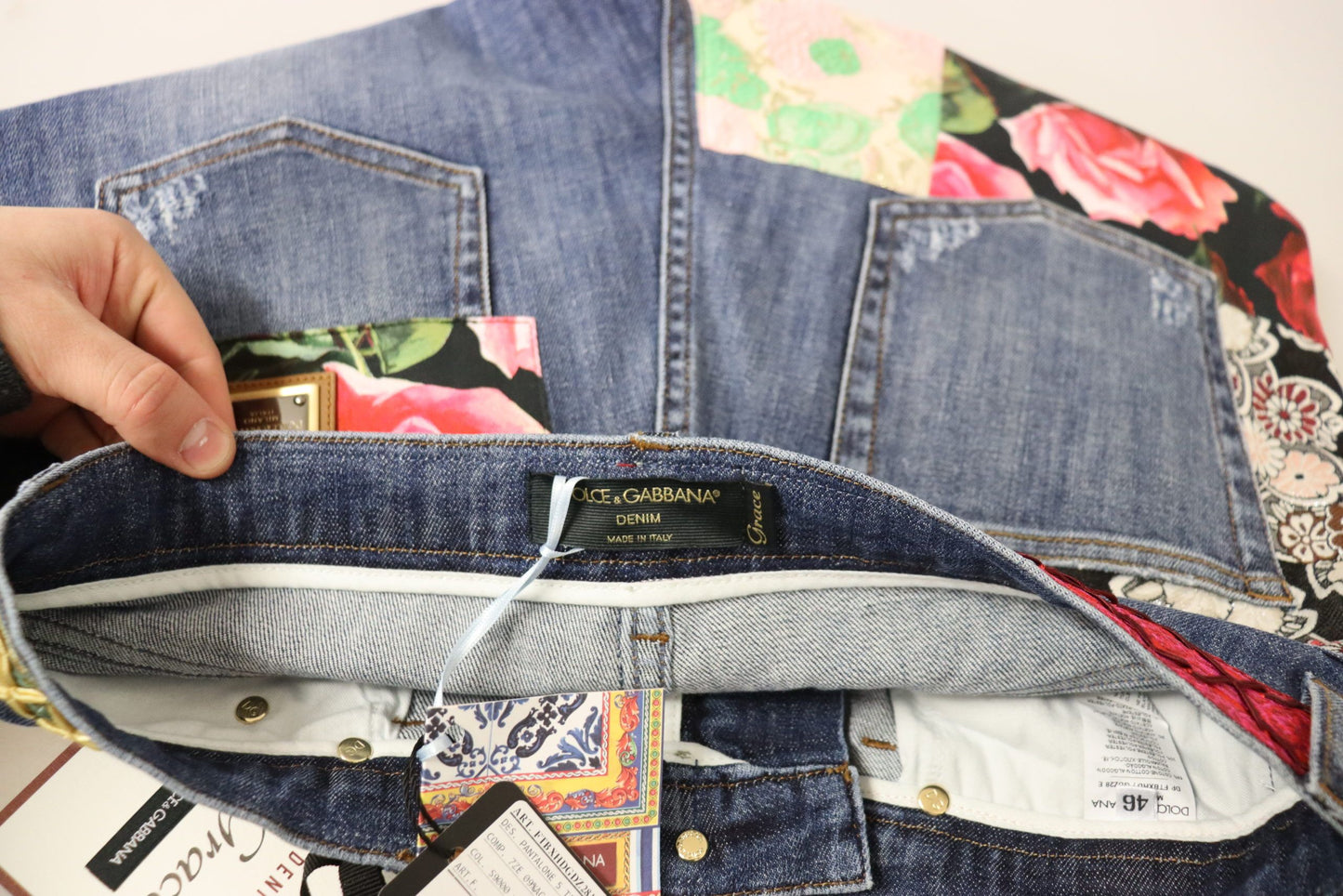 Jean en denim taille haute Dolce & Gabbana motif patchwork bleu