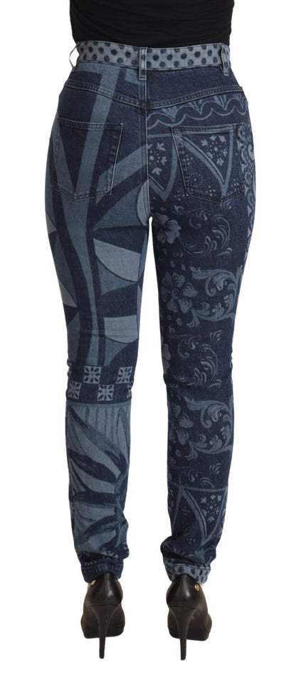 Jean slim taille haute Dolce & Gabbana motif floral bleu