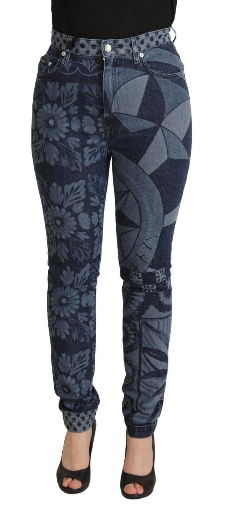Jean slim taille haute Dolce & Gabbana motif floral bleu