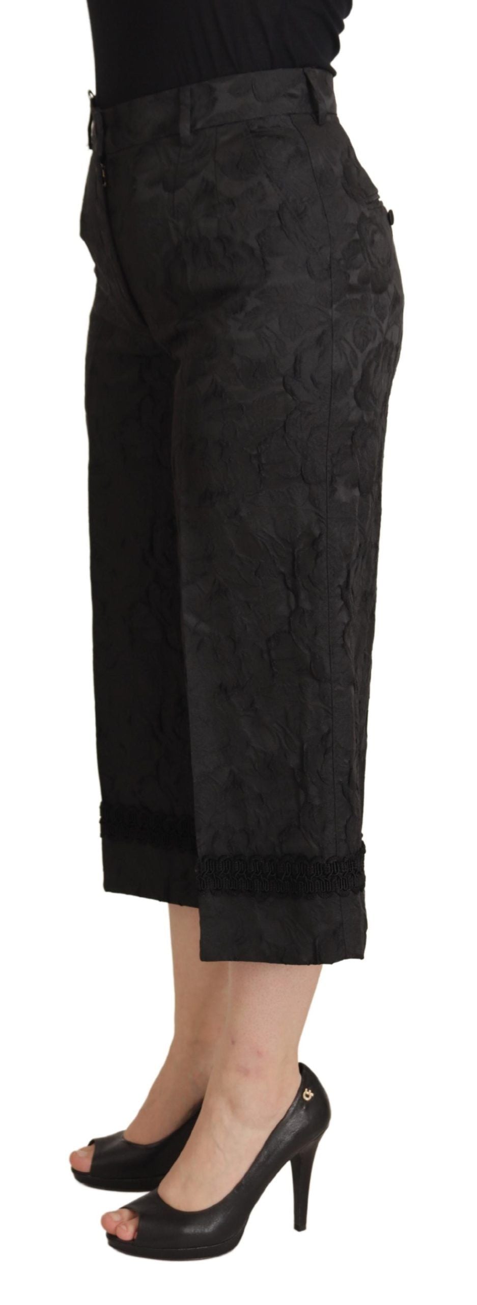 Pantalon taille haute court en brocart noir Dolce & Gabbana