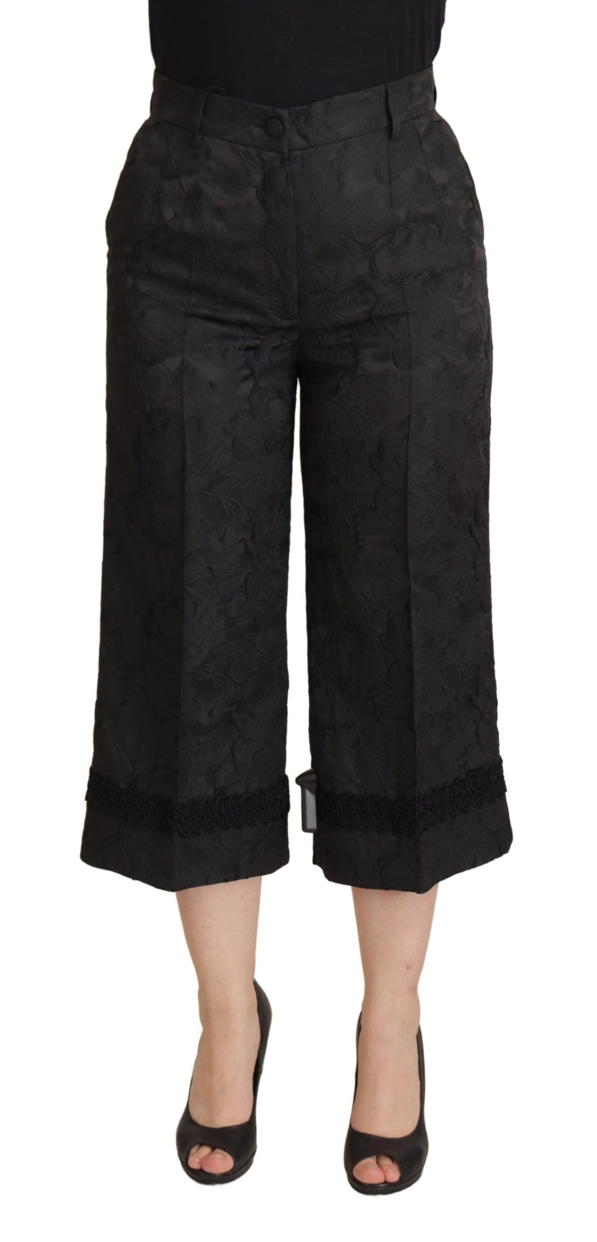 Pantalon taille haute court en brocart noir Dolce & Gabbana