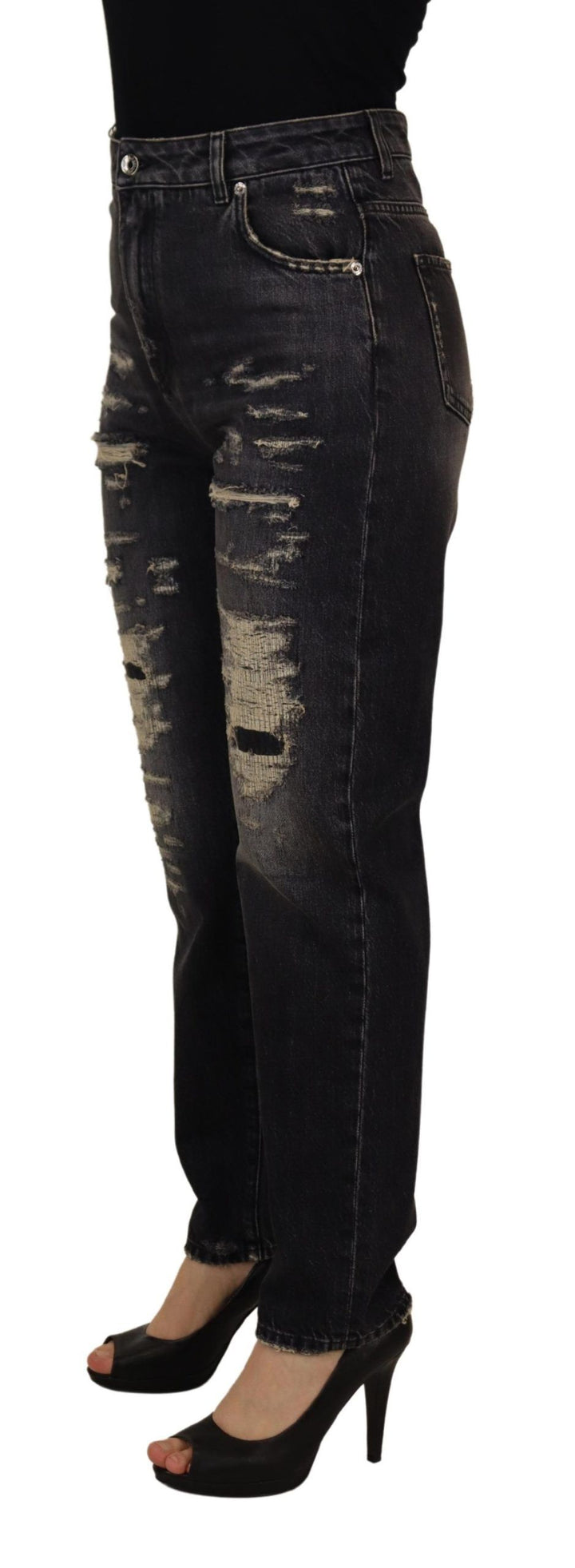 Jean en denim noir Dolce & Gabbana délavé et déchiré taille haute