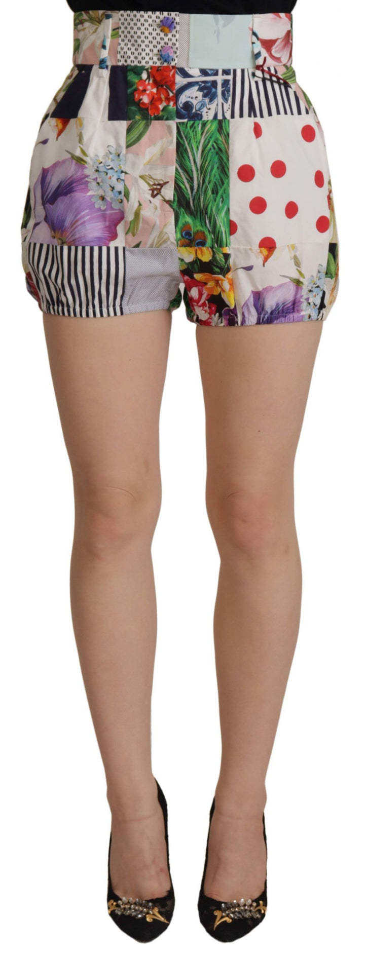 Shorts de algodón de tiro alto con diseño de patchwork multicolor de Dolce & Gabbana