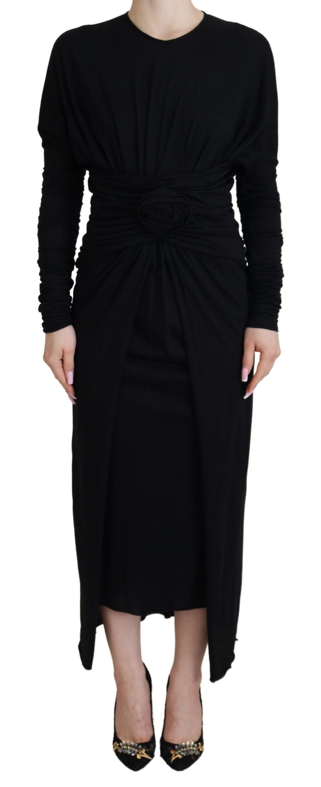 Robe portefeuille fourreau mi-longue en laine noire Dolce & Gabbana