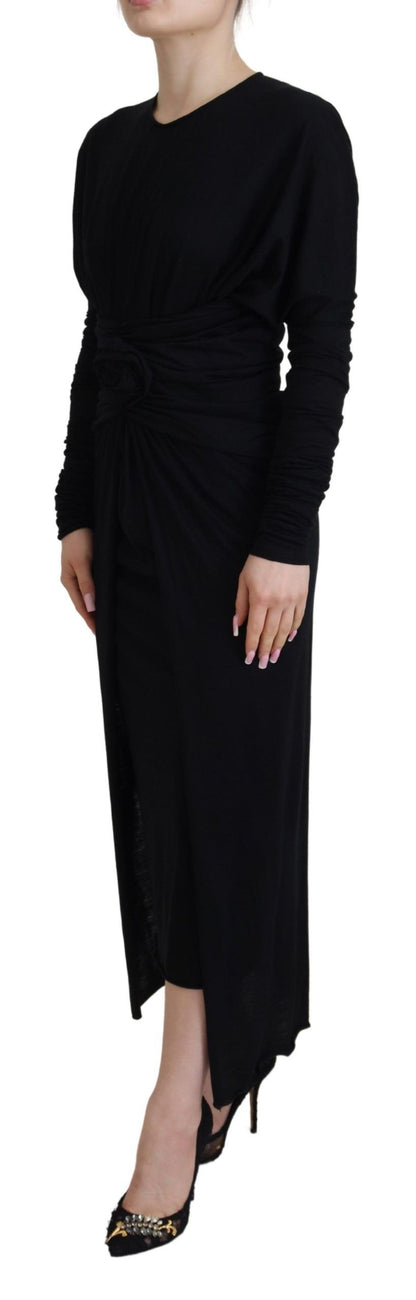 Robe portefeuille fourreau mi-longue en laine noire Dolce & Gabbana