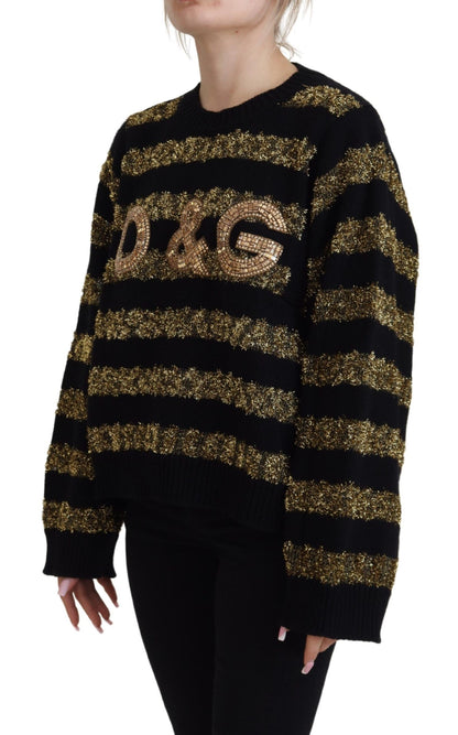 Pull en cachemire Dolce & Gabbana D&G noir et or orné de cristaux