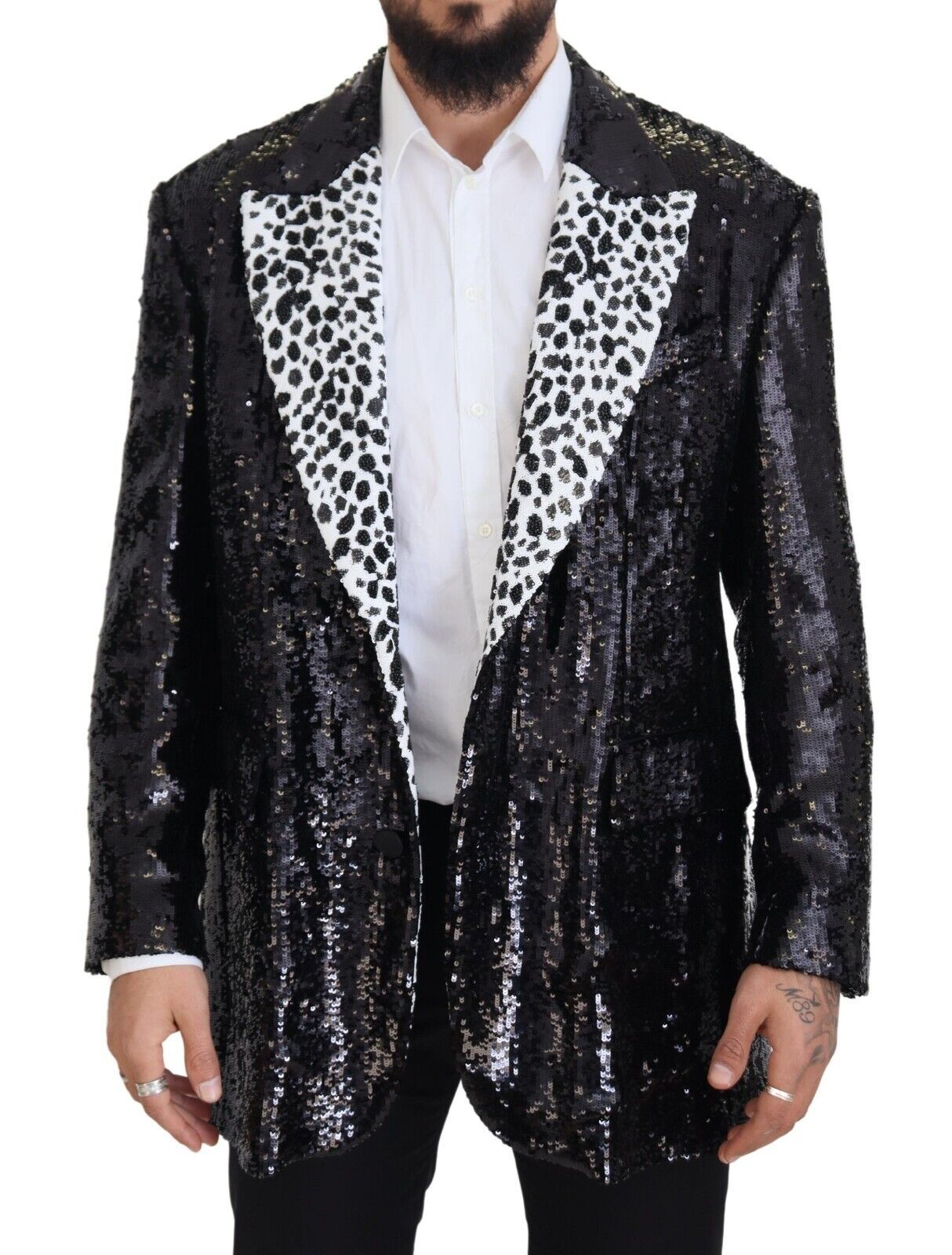 Blazer en nylon à imprimé vache à sequins noir Dolce & Gabbana