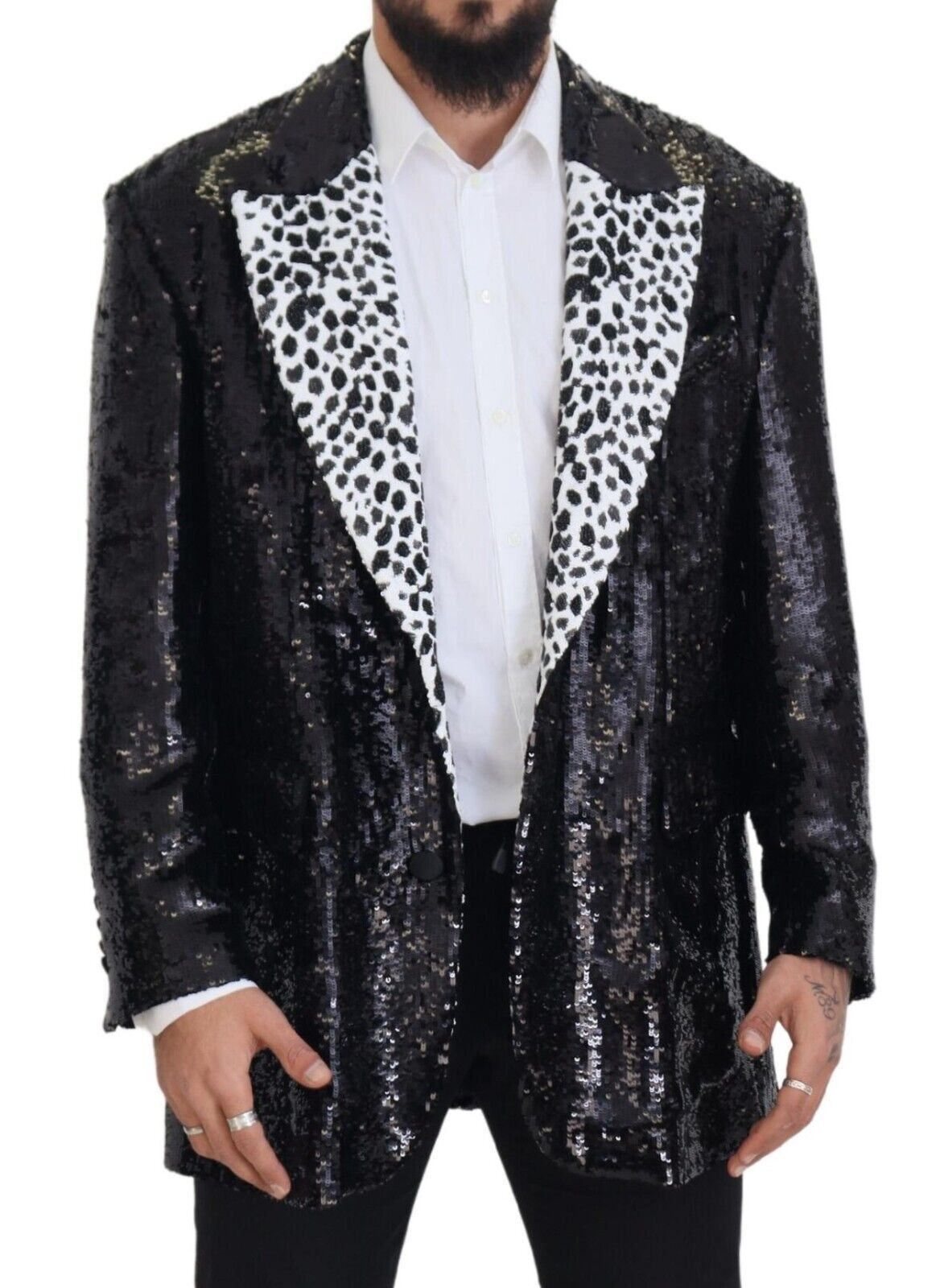 Blazer en nylon à imprimé vache à sequins noir Dolce & Gabbana