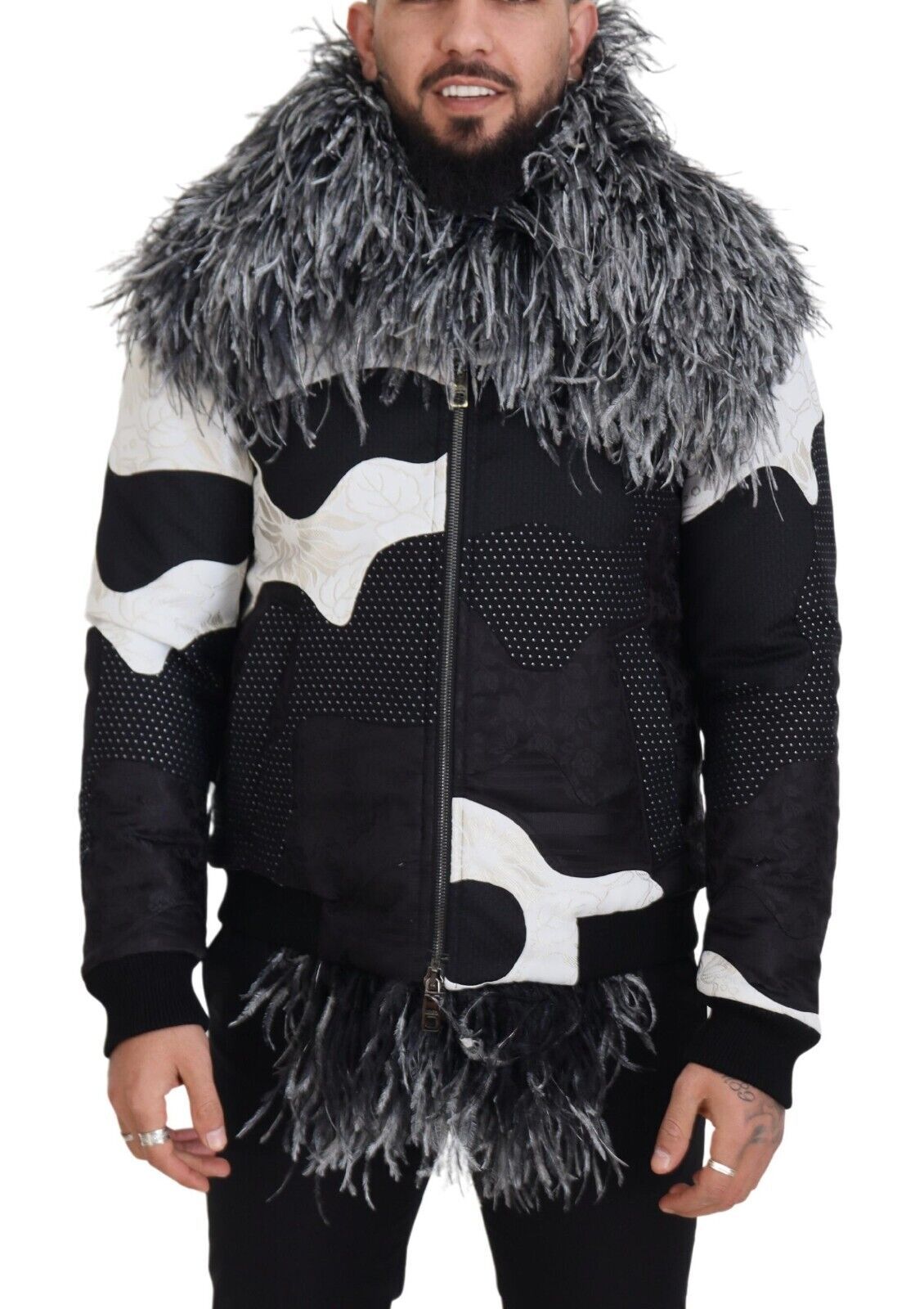 Veste Dolce & Gabbana en fourrure de mouton noire et blanche, entièrement zippée