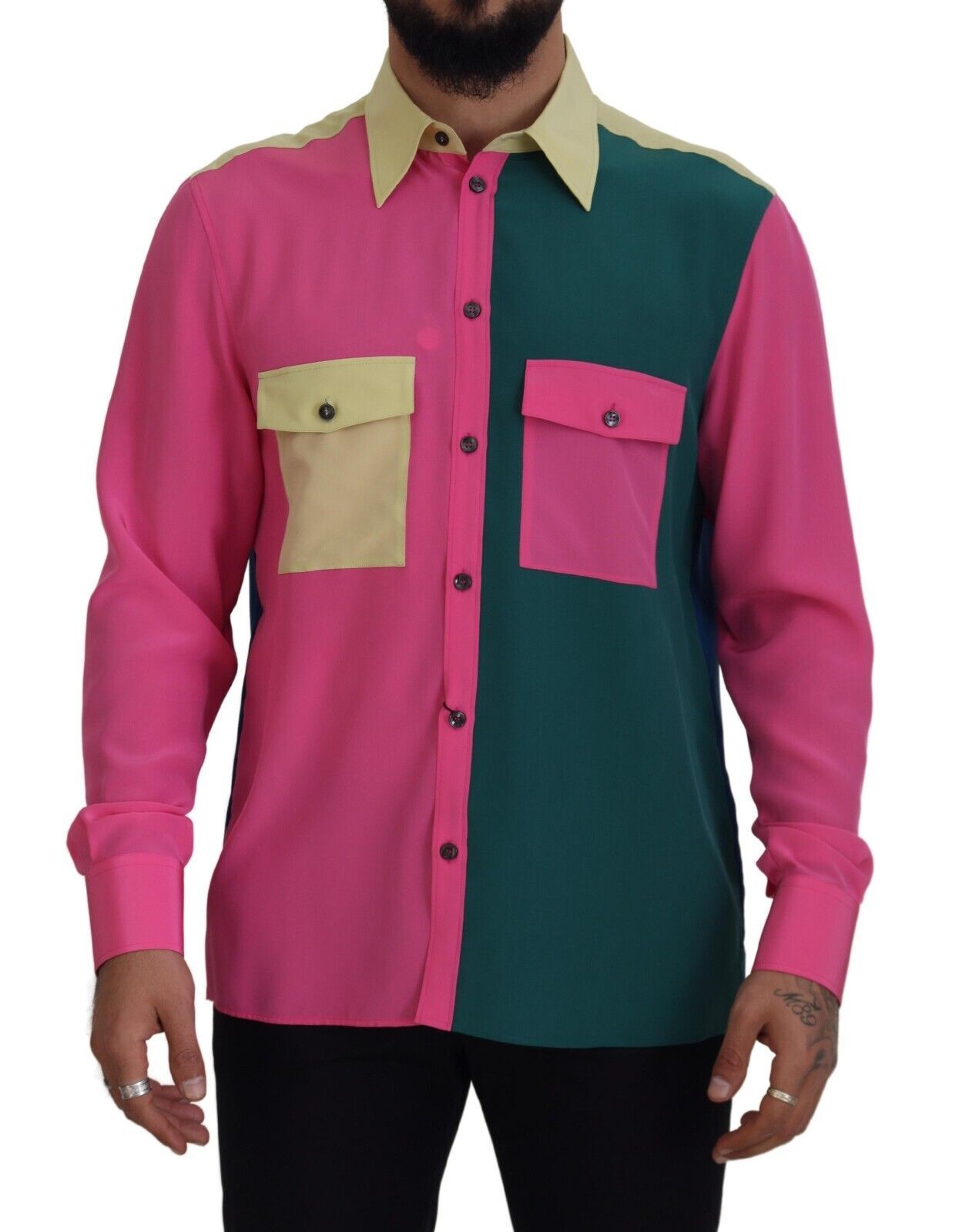 Chemise boutonnée en soie patchwork multicolore Dolce & Gabbana