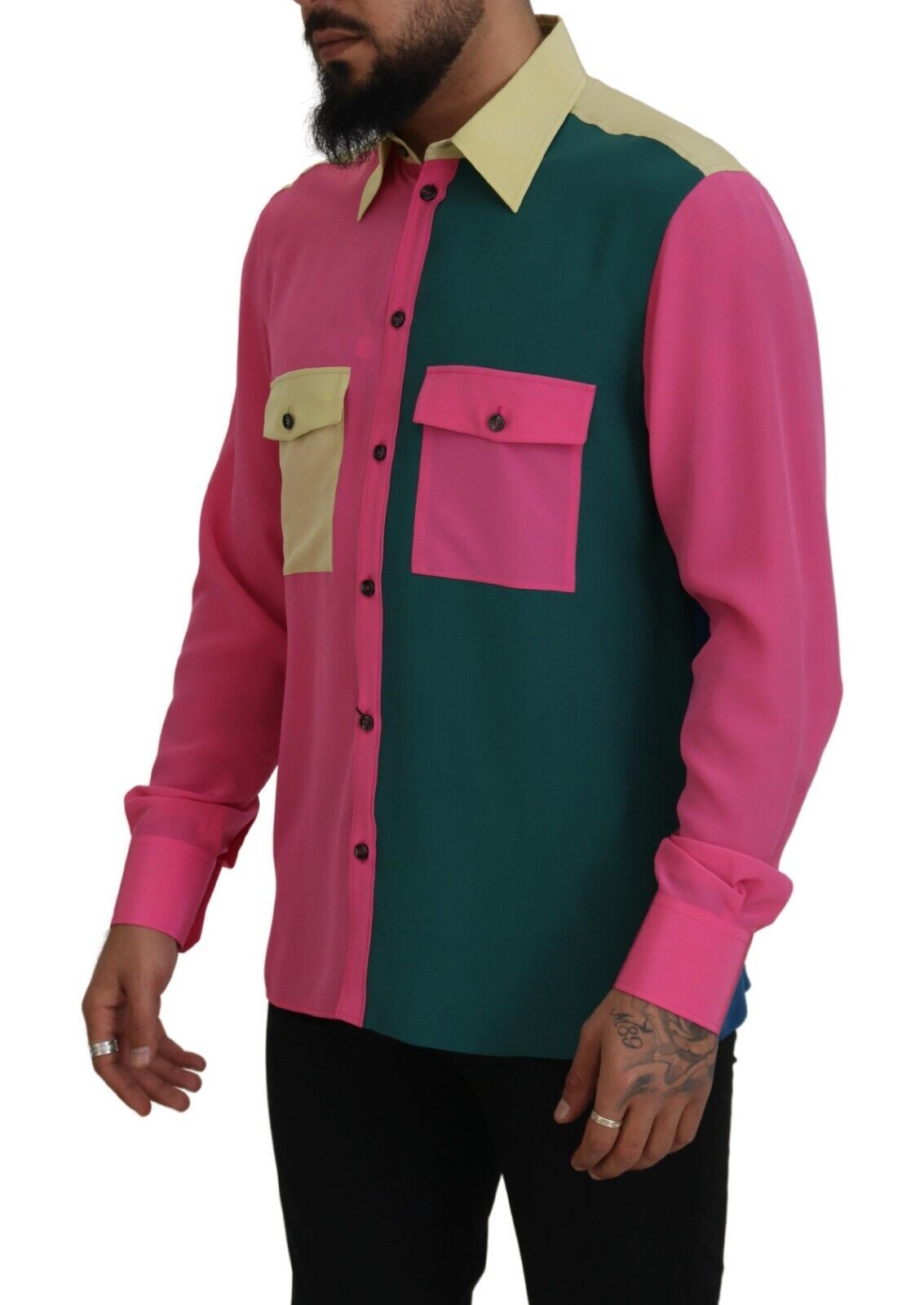 Chemise boutonnée en soie patchwork multicolore Dolce & Gabbana