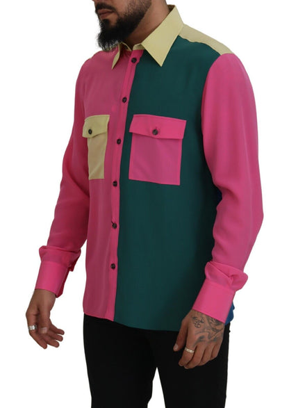 Chemise boutonnée en soie patchwork multicolore Dolce & Gabbana