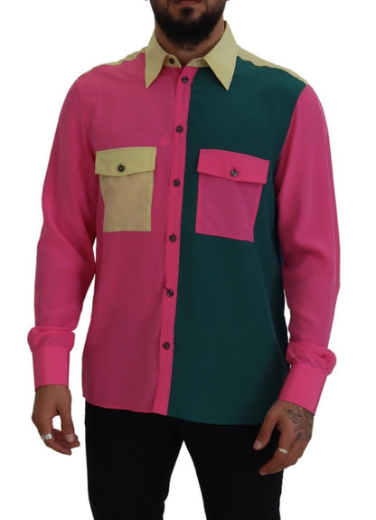 Chemise boutonnée en soie patchwork multicolore Dolce & Gabbana