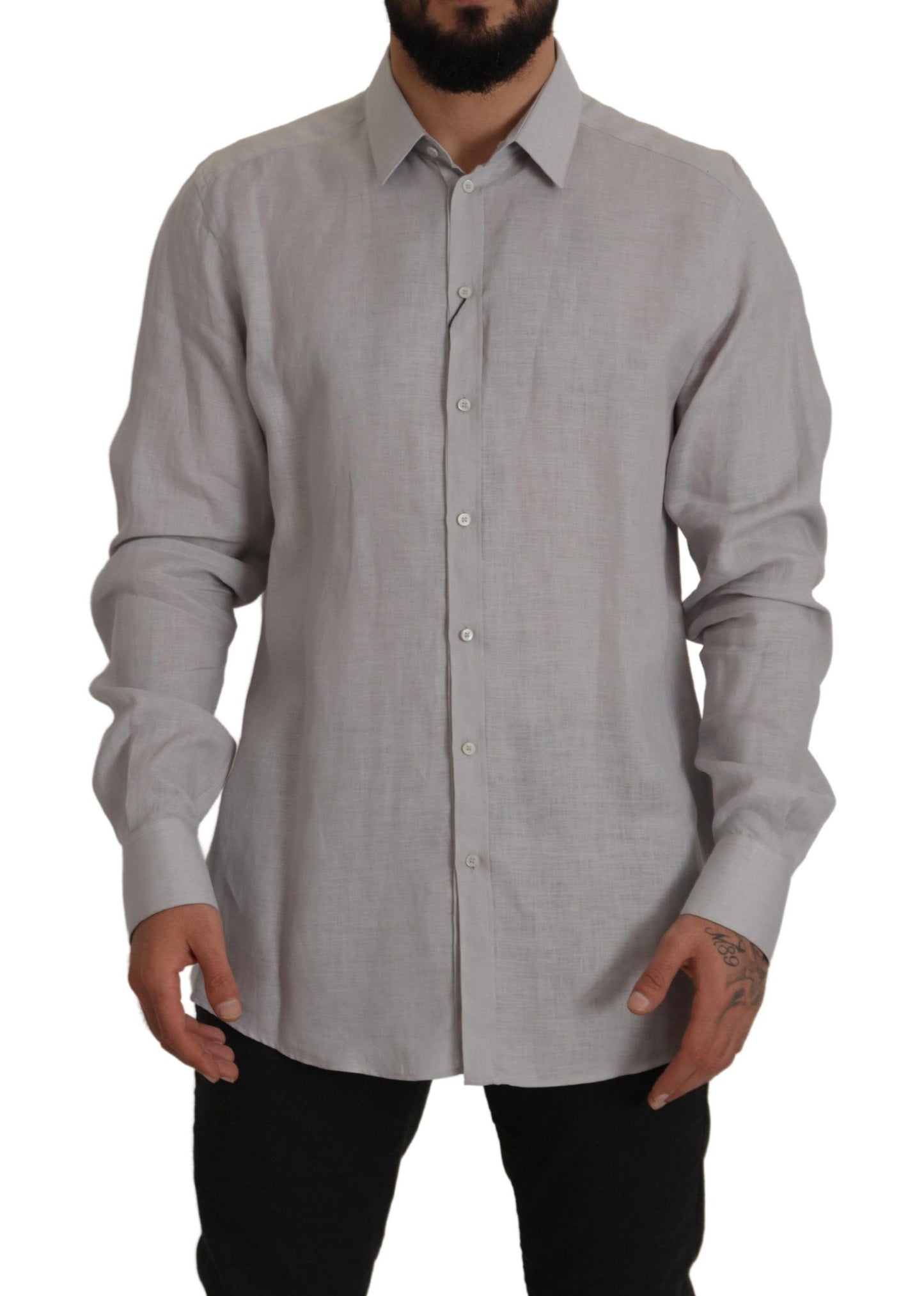 Chemise GOLD habillée Dolce & Gabbana en lin gris à manches longues