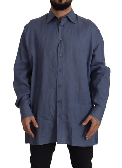 Chemise de Costume Habillée Homme Dolce & Gabbana en Lin Bleu Foncé Coupe Slim