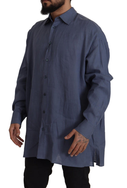 Chemise de Costume Habillée Homme Dolce & Gabbana en Lin Bleu Foncé Coupe Slim