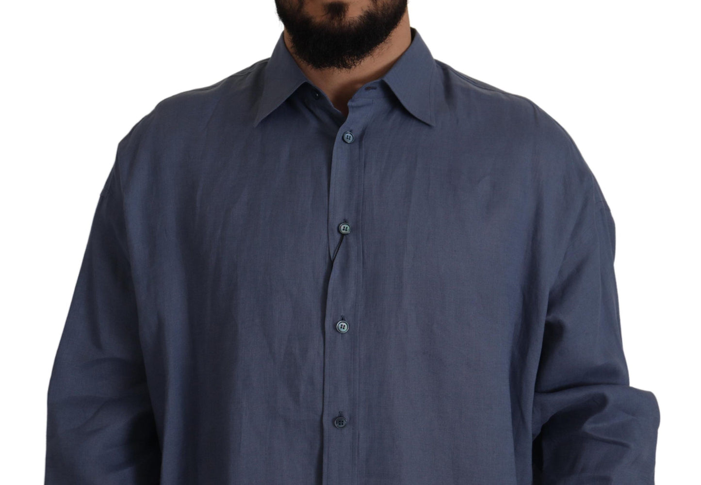 Chemise de Costume Habillée Homme Dolce & Gabbana en Lin Bleu Foncé Coupe Slim