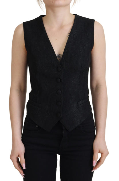 Haut sans manches boutonné en brocart noir Dolce & Gabbana