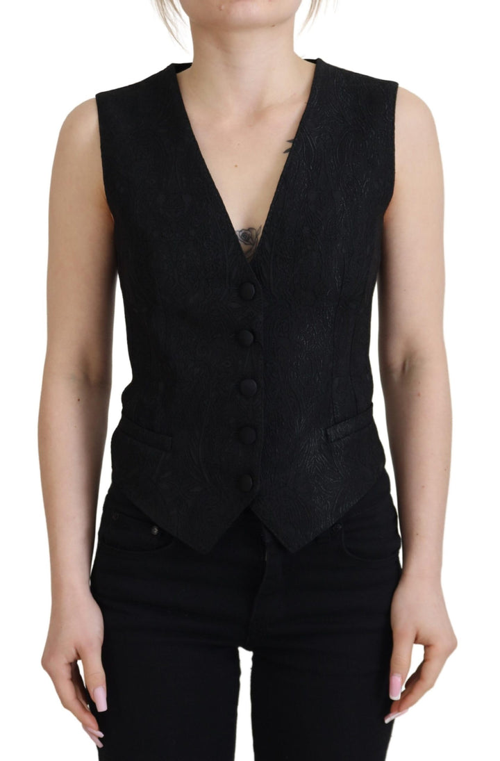 Top de chaleco sin mangas abotonado de brocado negro de Dolce & Gabbana