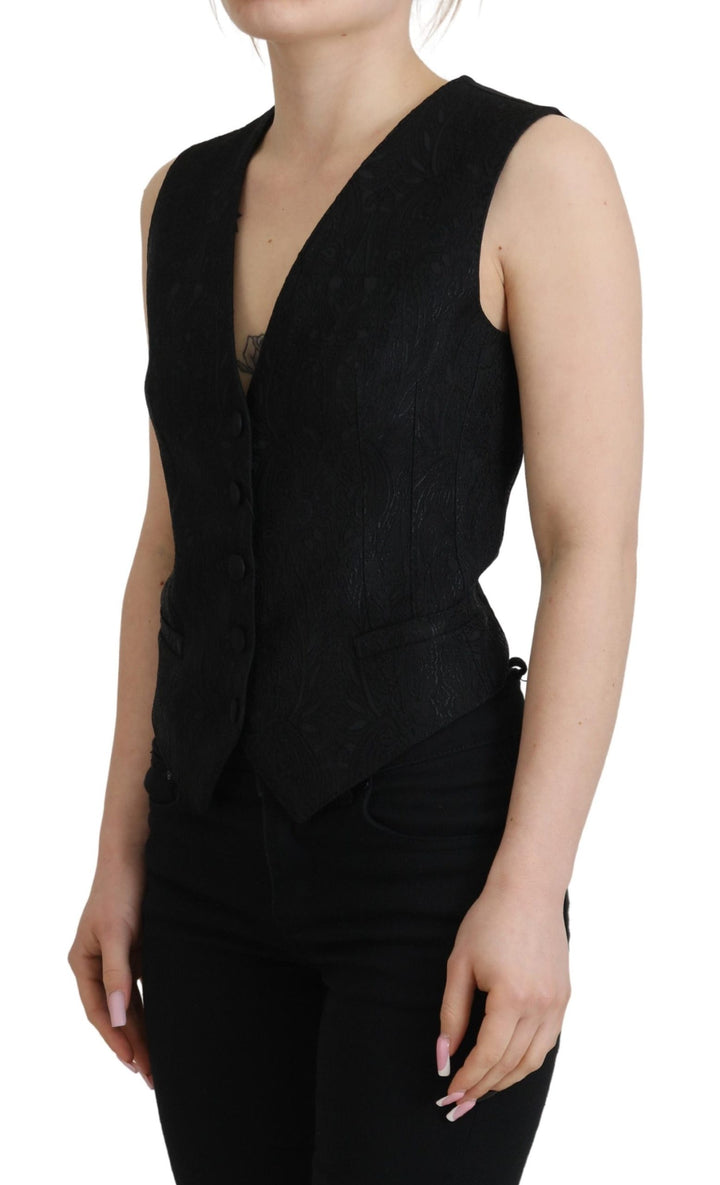 Top de chaleco sin mangas abotonado de brocado negro de Dolce & Gabbana