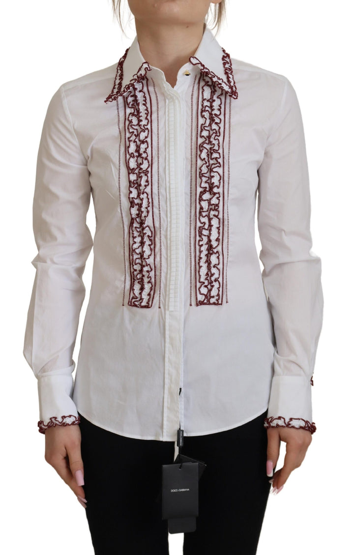 Top de encaje blanco con mangas largas y cuello con volantes Dolce & Gabbana