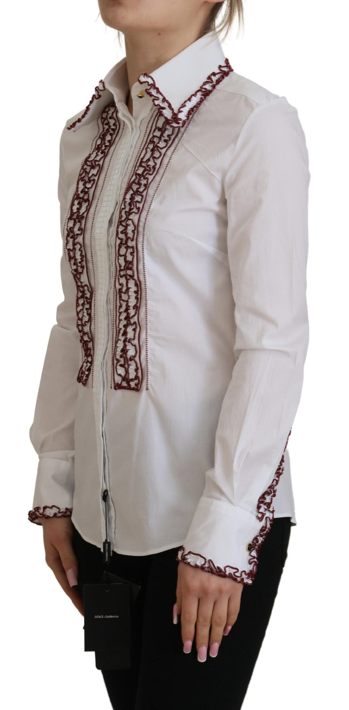 Top de encaje blanco con mangas largas y cuello con volantes Dolce & Gabbana