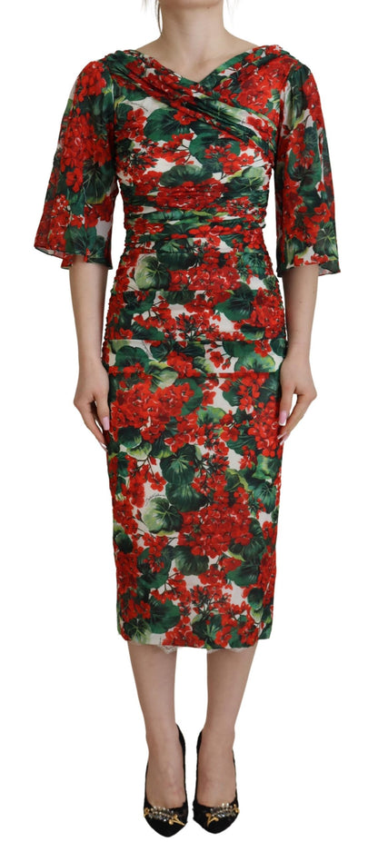 Robe fourreau mi-longue en soie à motif géranium multicolore Dolce & Gabbana