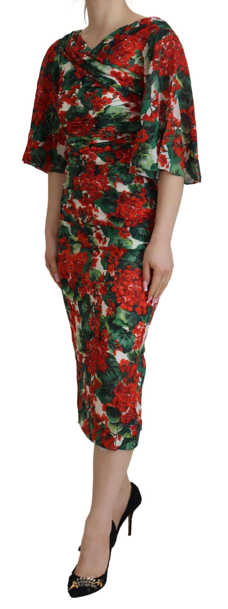 Robe fourreau mi-longue en soie à motif géranium multicolore Dolce & Gabbana
