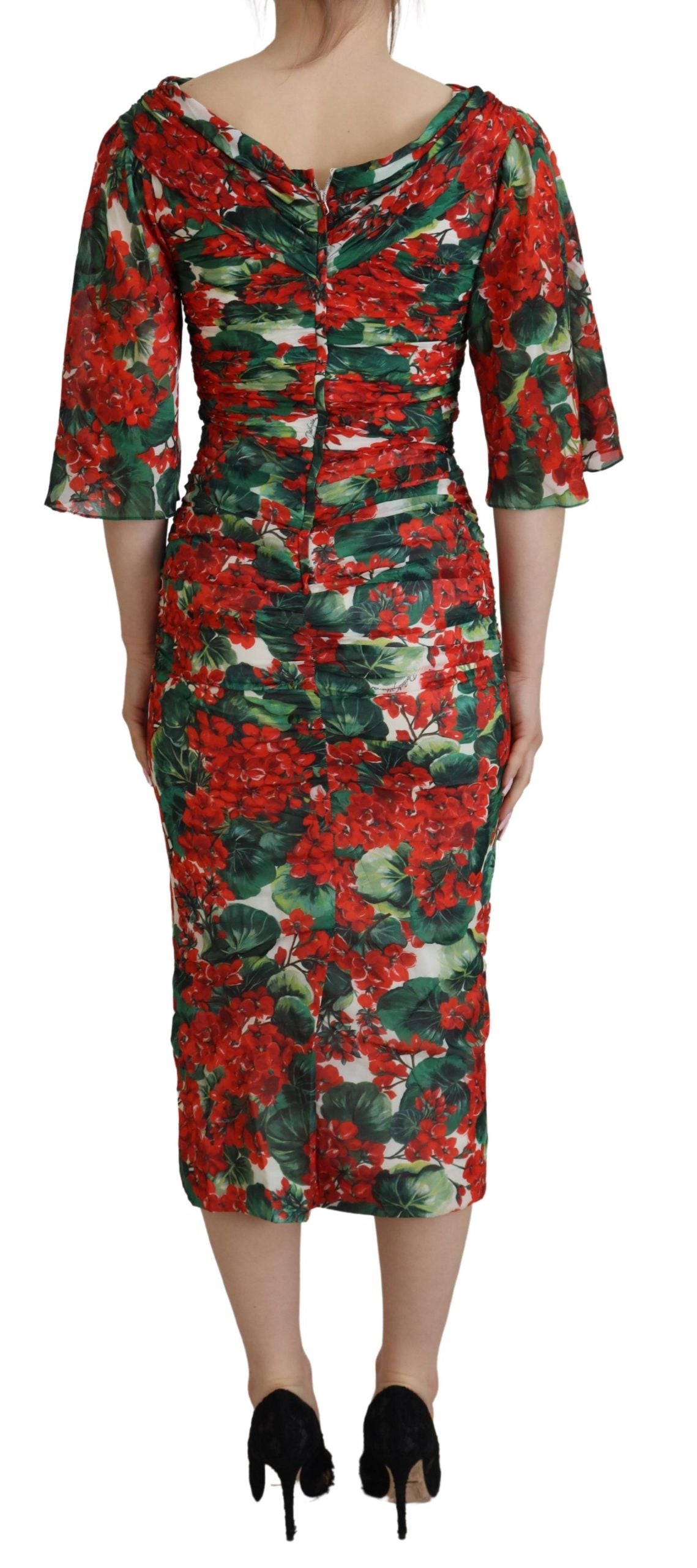 Robe fourreau mi-longue en soie à motif géranium multicolore Dolce & Gabbana