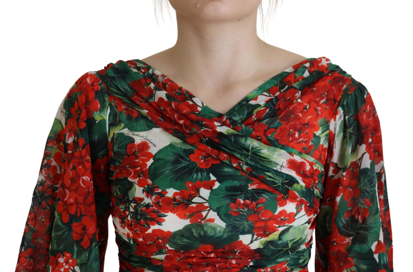 Robe fourreau mi-longue en soie à motif géranium multicolore Dolce & Gabbana