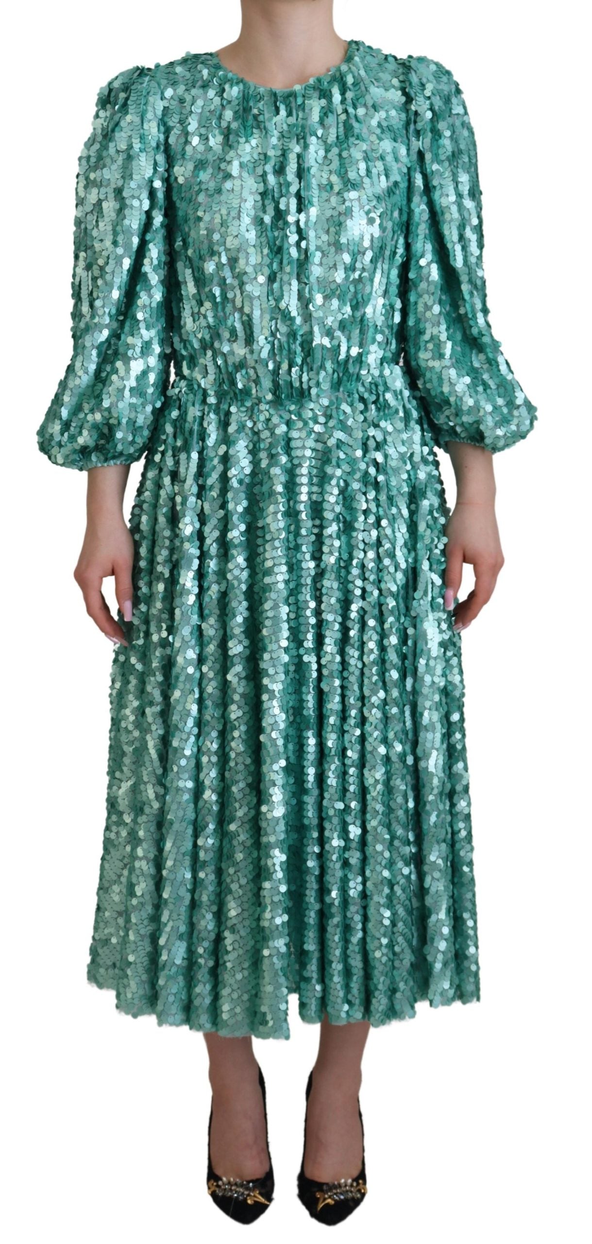 Robe midi trapèze plissée en nylon à sequins bleus Dolce & Gabbana