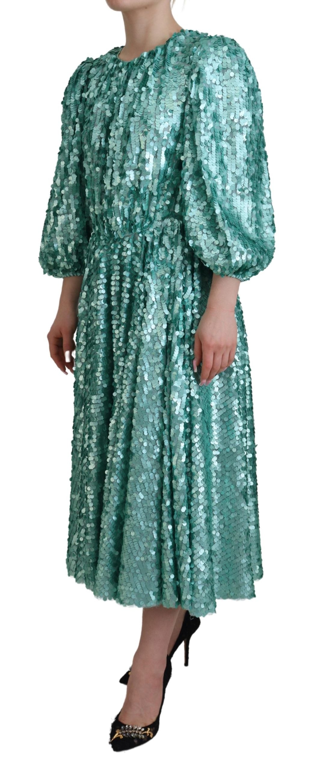 Robe midi trapèze plissée en nylon à sequins bleus Dolce & Gabbana