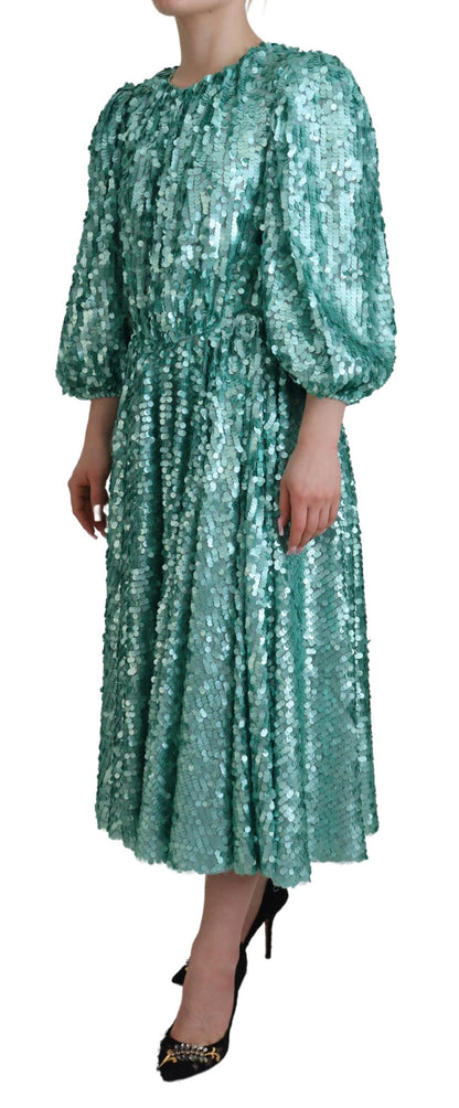 Robe midi trapèze plissée en nylon à sequins bleus Dolce & Gabbana