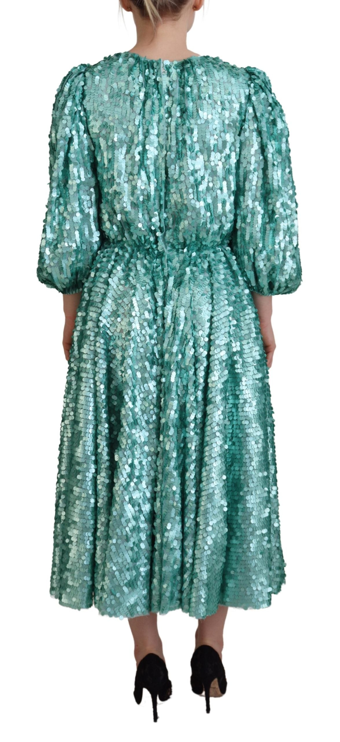 Robe midi trapèze plissée en nylon à sequins bleus Dolce & Gabbana